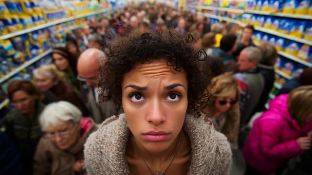 A Woman Stands Alone Amidst a Crowded Supermarket Aisle Filled with Shoppers, Emotion Reflecting Confusion and Overwhelm in a Sea of Products and Faces