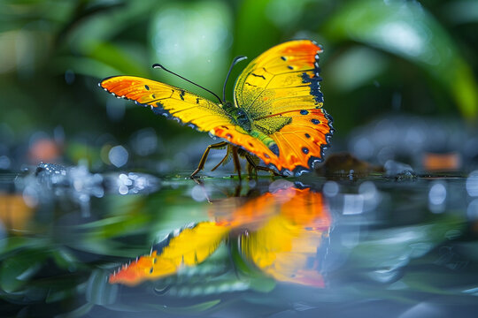 A colorful invertebrate gracefully moves on a glistening surface, its bright yellow wings reflecting the natural beauty of the outdoor aquarium in a mesmerizing display of vibrancy and grace  