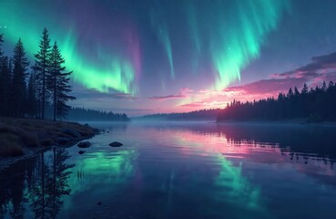 Northern lights over calm lake water and forest. Aurora borealis shines in night sky with green and pinkish colors. Reflections on water surface. Silhouettes of trees on lake shore.