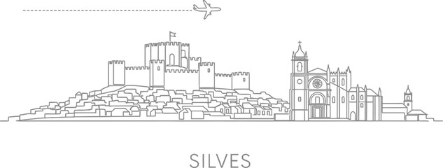 Fototapeta premium Silves Portugal Skyline Illustration with Castle and Airplane