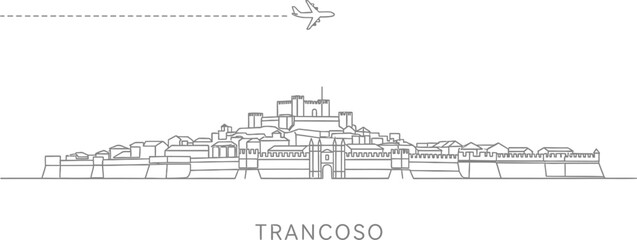 Obraz premium Trancoso Portugal Skyline with Airplane Travel Path