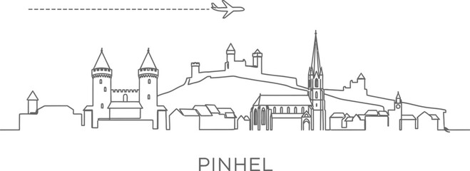 Obraz premium Pinhel Skyline with Airplane Traveling Concept