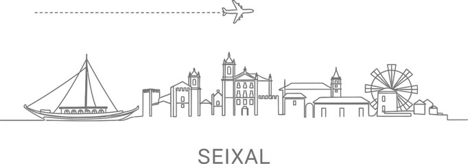 Obraz premium Seixal Skyline with Airplane and Sailing Ship Icon