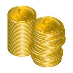 Two stacks of gold coins with pound sterling currency symbol, arranged both in regular and irregular manner. Money and growth concepts, isolated on transparent.