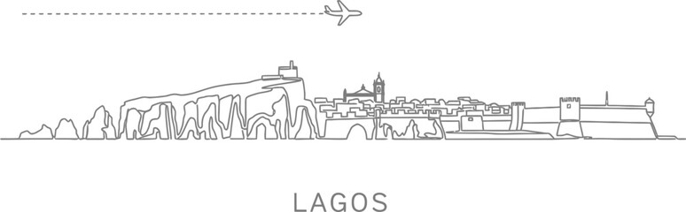 Fototapeta premium Lagos Skyline and Airplane Silhouette Line Art