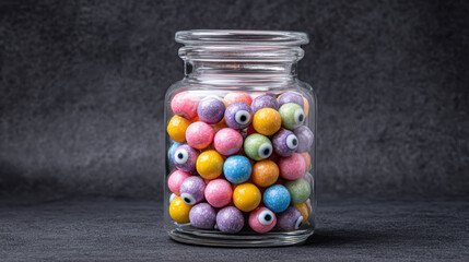 Glass jar filled with colorful collection of evil eye beads. This intriguing assortment of protective talisman and spiritual amulet sits on dark background