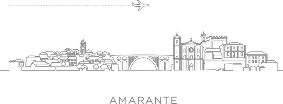 Amarante Portugal Skyline with Airplane Silhouette and Dashed Travel Line
