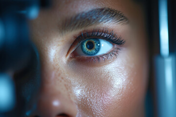 Woman measures her eye pressure with a modern device during a health checkup