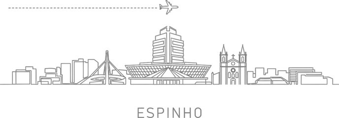 Obraz premium Espinho City Skyline Line Art with Airplane and Flight Path