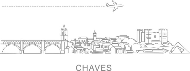 Obraz premium Chaves Skyline with Airplane and Bridge Illustration