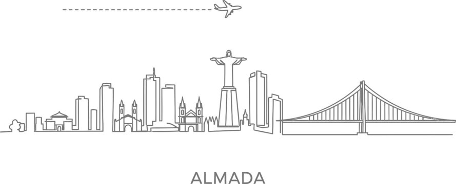 Almada Skyline with Airplane and Bridge Line Art