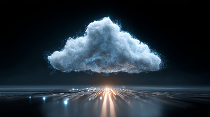 Cloud computing concept showcasing a digital cloud above glowing data lines