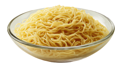 Bowl of cooked, thin, yellow noodles piled high, presented in a clear glass bowl against a dark background