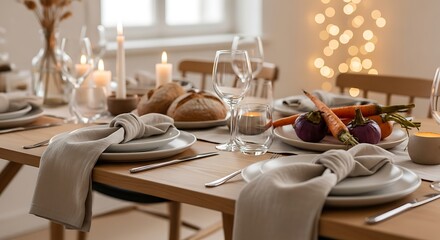 A beautifully set dining table for a festive gathering, adorned with bread, carrots, and ambient lighting, perfect for holiday celebrations