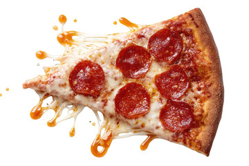 Pizza slice with melted cheese and pepperoni on a transparent background, viewed from above, showcasing stretchy cheese
