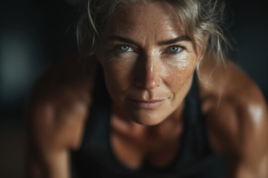 Close-up Portrait of Determined Woman Exercising - Powered by Adobe