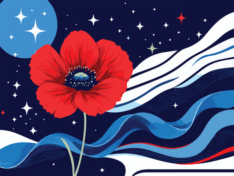 Red Poppies with American Flag Ribbon Veterans Day Design