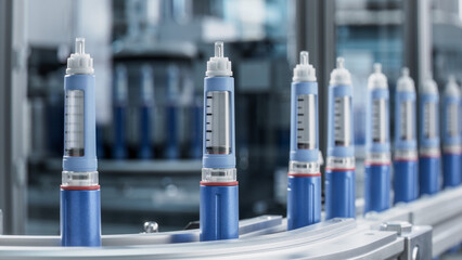 Close-up Medical Injector Pens on Conveyor Belt at Modern Pharmaceutical Factory. Insulin Pen on Production Line. Weight Loss Medication Manufacturing. Medical Drug Production Plant.