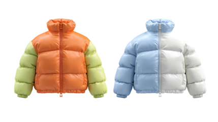 Premium quality girls puffer jacket in trendy block colors neatly displayed on transparent background