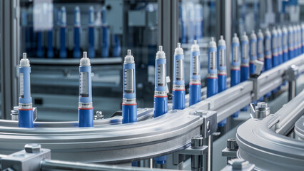 Medical Drug Production Plant. Insulin Pen on Conveyor Belt. Medical Injector Pens on Production...