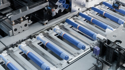 Top View of Conveyor Belt with Medical Autoinjectors at Modern Pharmaceutical Factory. Weight Loss...