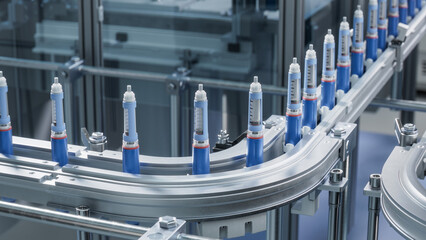 Medical Injector Pens on Conveyor Belt at Modern Pharmaceutical Factory. Insulin Pen on Production...