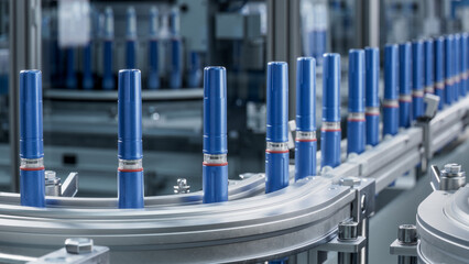 Obraz premium Insulin Pen on Conveyor Belt. Modern Pharmaceutical Factory. Medical Injector Pens on Production Line. Weight Loss Medication Manufacturing. Medical Drug Production Plant.