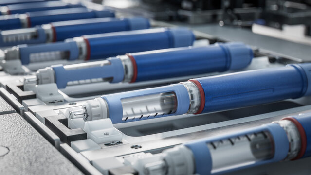 Close-up of an Insulin Pen on Production Line. Medical Drug Production Plant. Medical Injector Pens on Conveyor Belt at Modern Pharmaceutical Factory. Weight Loss Medication Manufacturing.