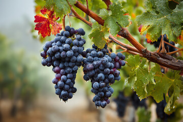 Fototapeta premium Harvesting red wine grapes in a lush vineyard under soft morning light