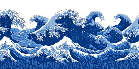 Stylized blue waves in a repeating pattern, reminiscent of japanese woodblock prints, against a white background