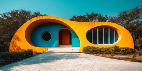 Vibrant, curvilinear modern house with an organic, sculpted shape, featuring bold yellow and blue colors under a bright sky, representing surreal or futuristic architecture.