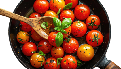 Tomatoes with basil and oil are saut?ed in a black pan. A wooden spoon dips in to the oil