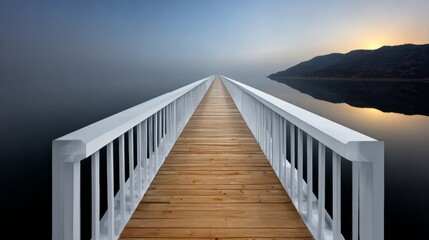 Serene wooden pier extending into calm water at sunrise, surrounded by misty mountains, creating a tranquil atmosphere for reflection and peaceful moments in nature's beauty