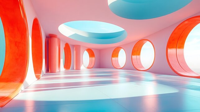 vibrant, futuristic architectural hallway with circular windows and colorful lighting, evoking a sense of wonder and modernity. Ideal for tech blogs, sci-fi content, or digital innovation
