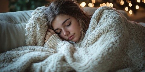 young woman peacefully sleeping on a couch, wrapped in a cozy white knitted blanket with soft, warm bokeh lights in the background, symbolizing rest and comfort.