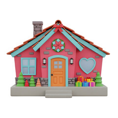 3D Christmas House Model Isolated Colorful Pink Cottage with Heart Window Wreath and Wrapped Gifts New Year Festive Dwelling