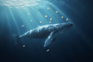 Fototapeta premium Majestic whale swimming in sunlit ocean with glowing fish