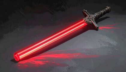 A glowing red blade sword rests on a dark surface, emitting light and showcasing intricate details