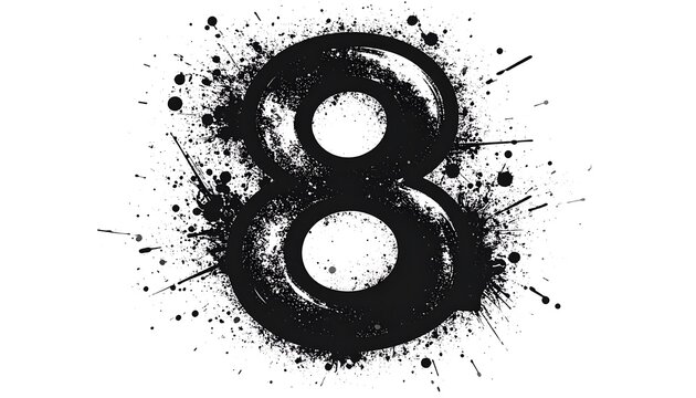A large, black number eight, rendered in a grungy, paint-splattered style against a clean white background