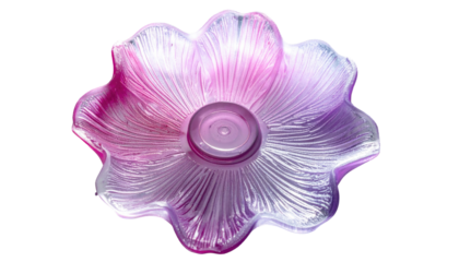 Pink/purple textured flower bowl. Black background. Top-down view highlights petal shapes. Glass-like material. Soft edges