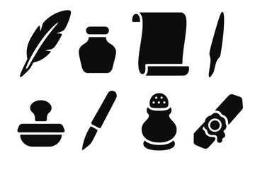 Obraz premium Writing Materials Icons. Solid style icons of Writing Materials: quill feather, ink horn, parchment roll, reed pen, blotter pad,