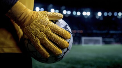 Goalkeeper with glove holding soccer ball on a green field