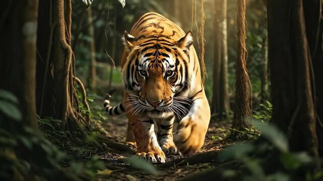 Tiger prowling through dense jungle in natural wildlife environment