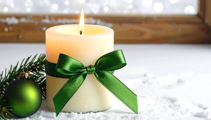 A lit candle tied with a green ribbon sits beside a fir branch and ornament on a snowy surface in front of a window
