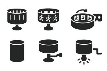 Vintage Frame Animators Icons. Solid style icons of Vintage Frame Animators: Slitted Drum, Zoetrope, Spinning, Sequential Images,