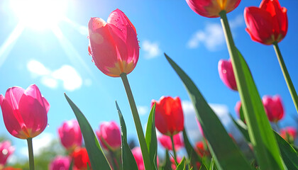 Vibrant tulips in grass under clear blue sky, sunny spring nature landscape.