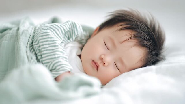 赤ちゃんが緑の模様で心地よく眠る