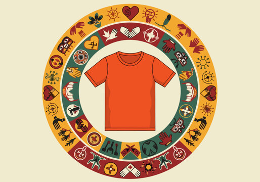 Orange T-shirt at the center of a circular emblem symbolizing national day, truth, and reconciliation through indigenous iconography