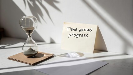 Hourglass and note card creating a shadow of time and progress