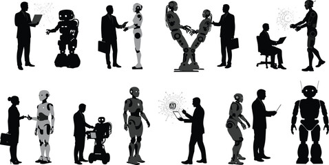 Business people interacting with robots, artificial intelligence cooperation in workplace, futuristic technology partnership, AI automation concept illustration for digital transformation